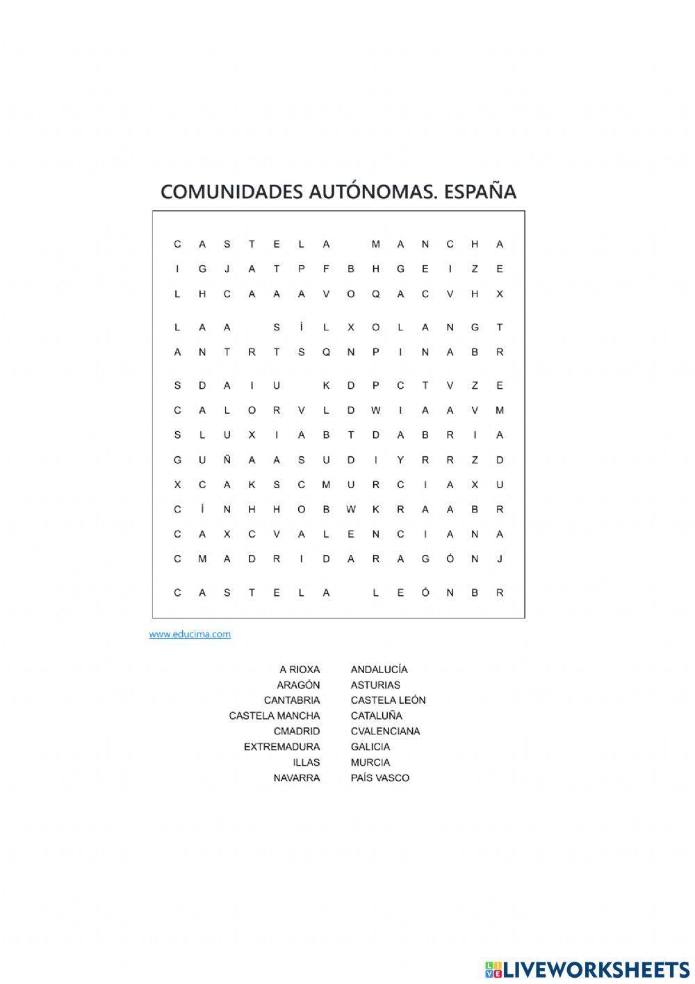Sopa de letras. comunidades autónomas de españa