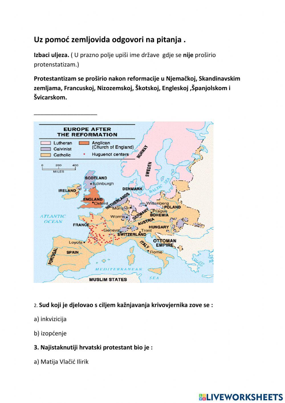 Reformacija i protureformacija -listić za ponavljanje