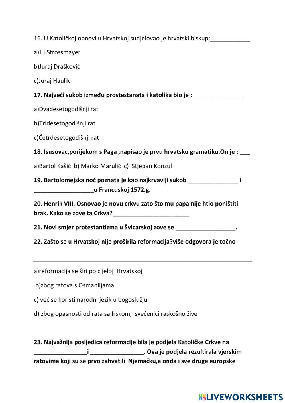 Reformacija i protureformacija -listić za ponavljanje