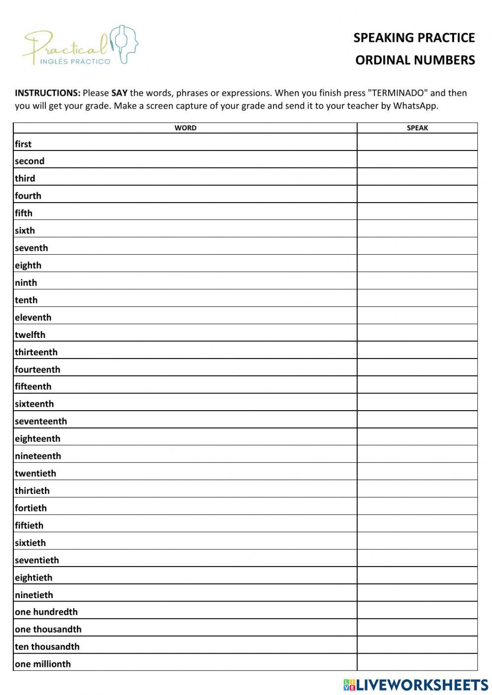 Speaking practice - ordinal numbers