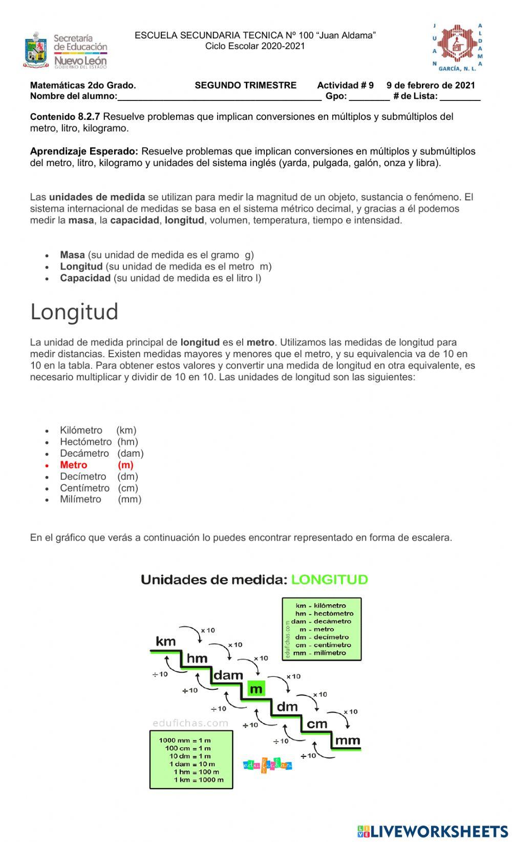 Resuelve problemas que implican conversiones en múltiplos y submúltiplos del metro, litro, kilogramo.