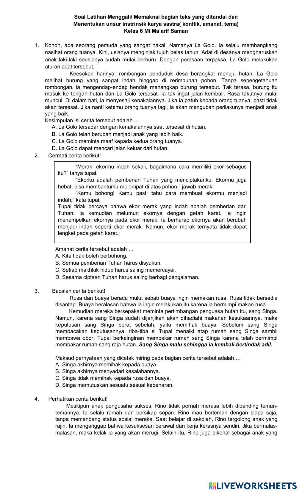 Soal BI Menyimpulkan-memaknai bagian teks dan unsur instrinsik konflik amanat tema