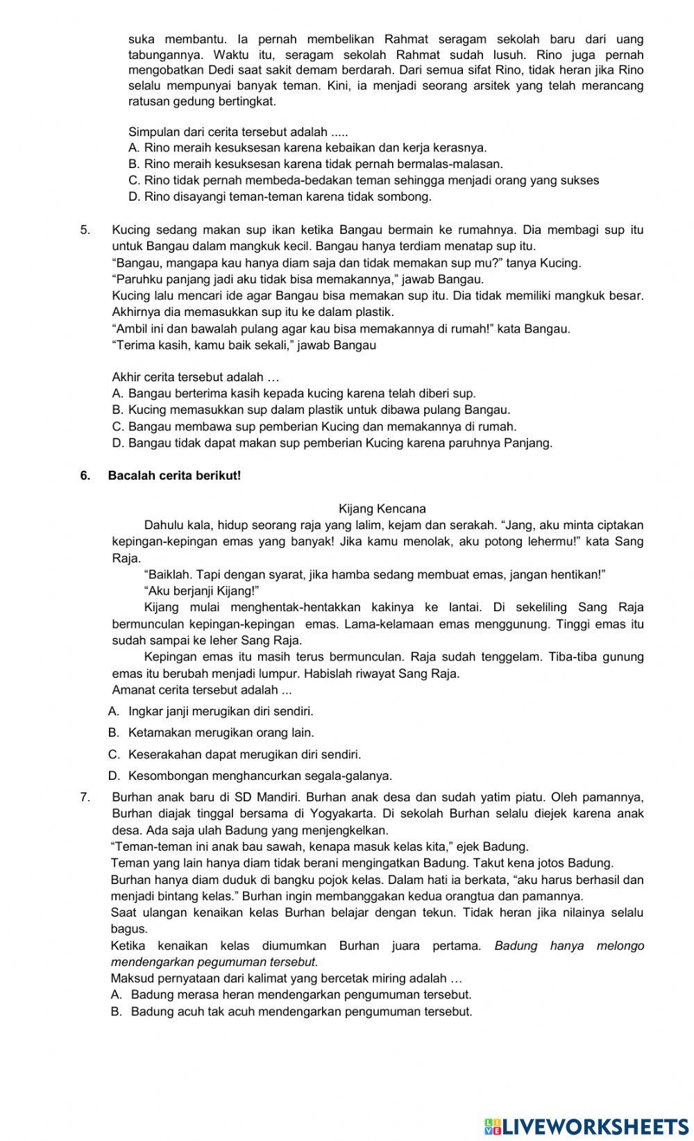 Soal BI Menyimpulkan-memaknai bagian teks dan unsur instrinsik konflik amanat tema