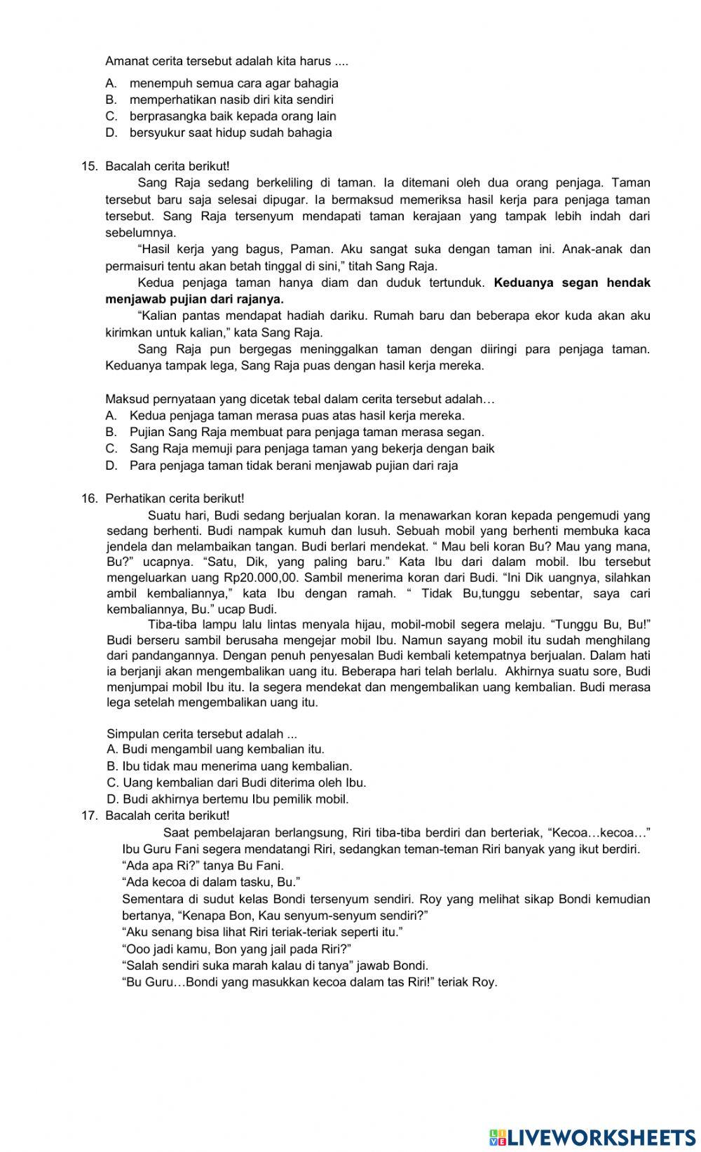 Soal BI Menyimpulkan-memaknai bagian teks dan unsur instrinsik konflik amanat tema