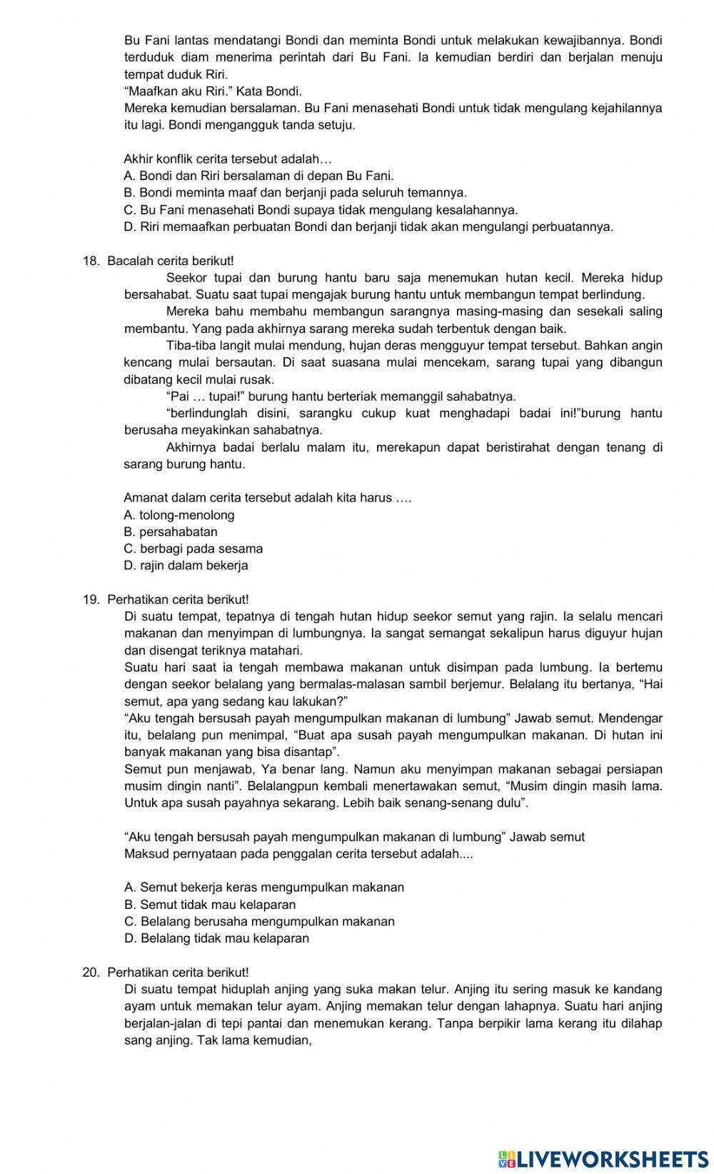 Soal BI Menyimpulkan-memaknai bagian teks dan unsur instrinsik konflik amanat tema