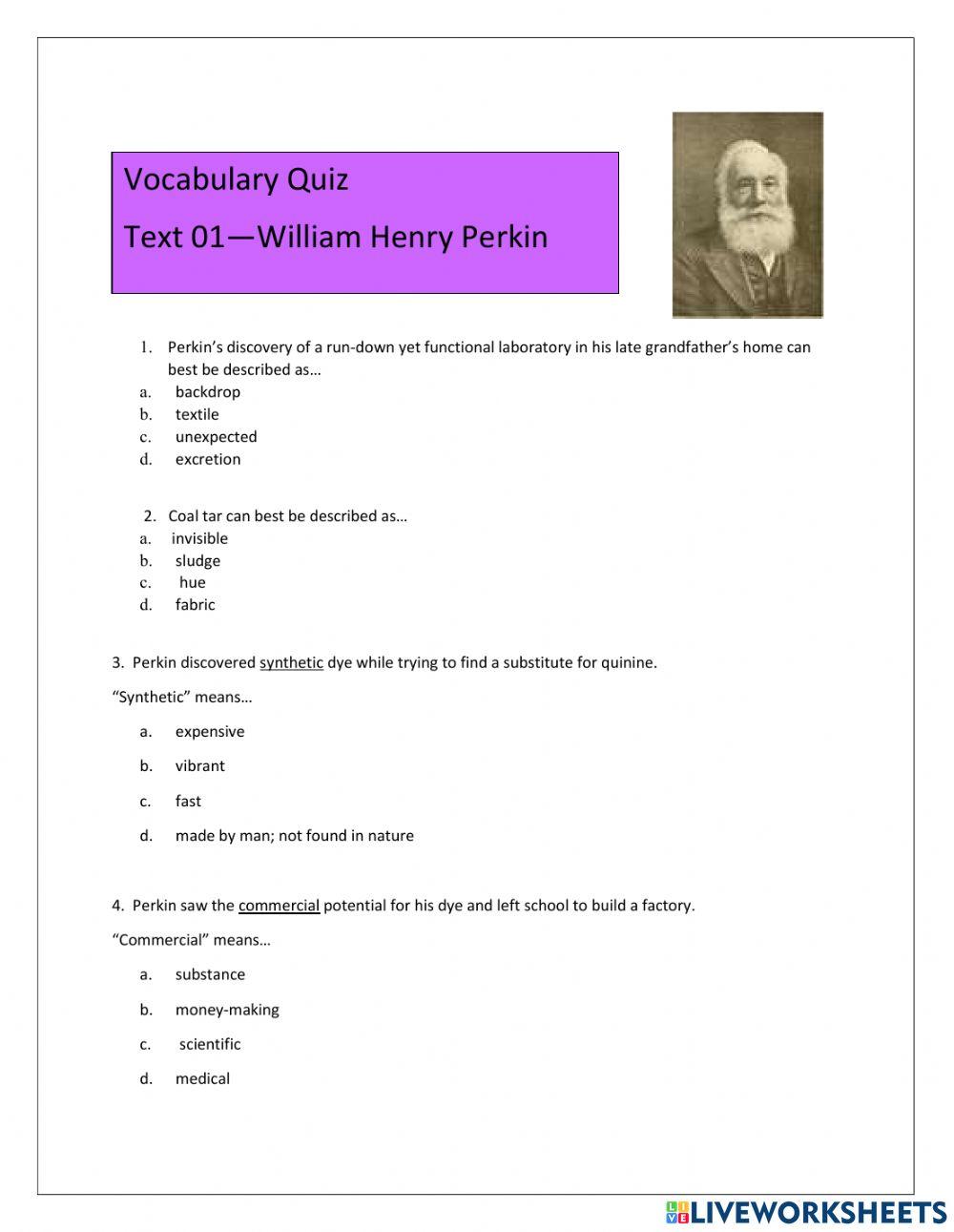 IELTS Text 01 Vocabulary Quiz William Perkin