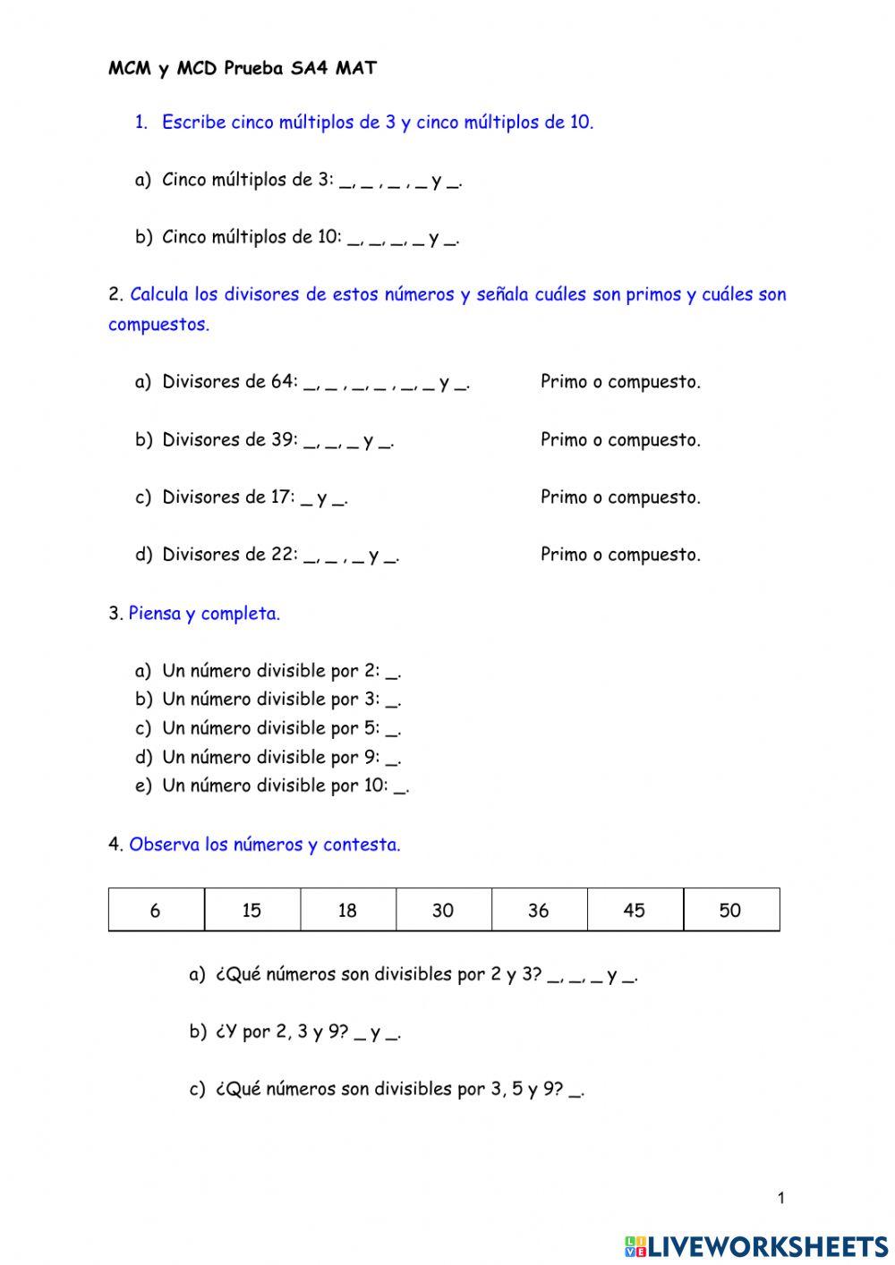 Múltiplos, divisores y mínimo común múltiplo