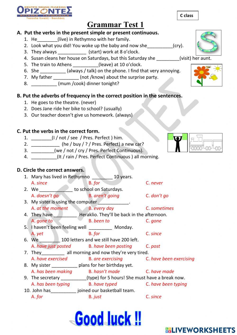 Right on 3. C class -Grammar Test 1