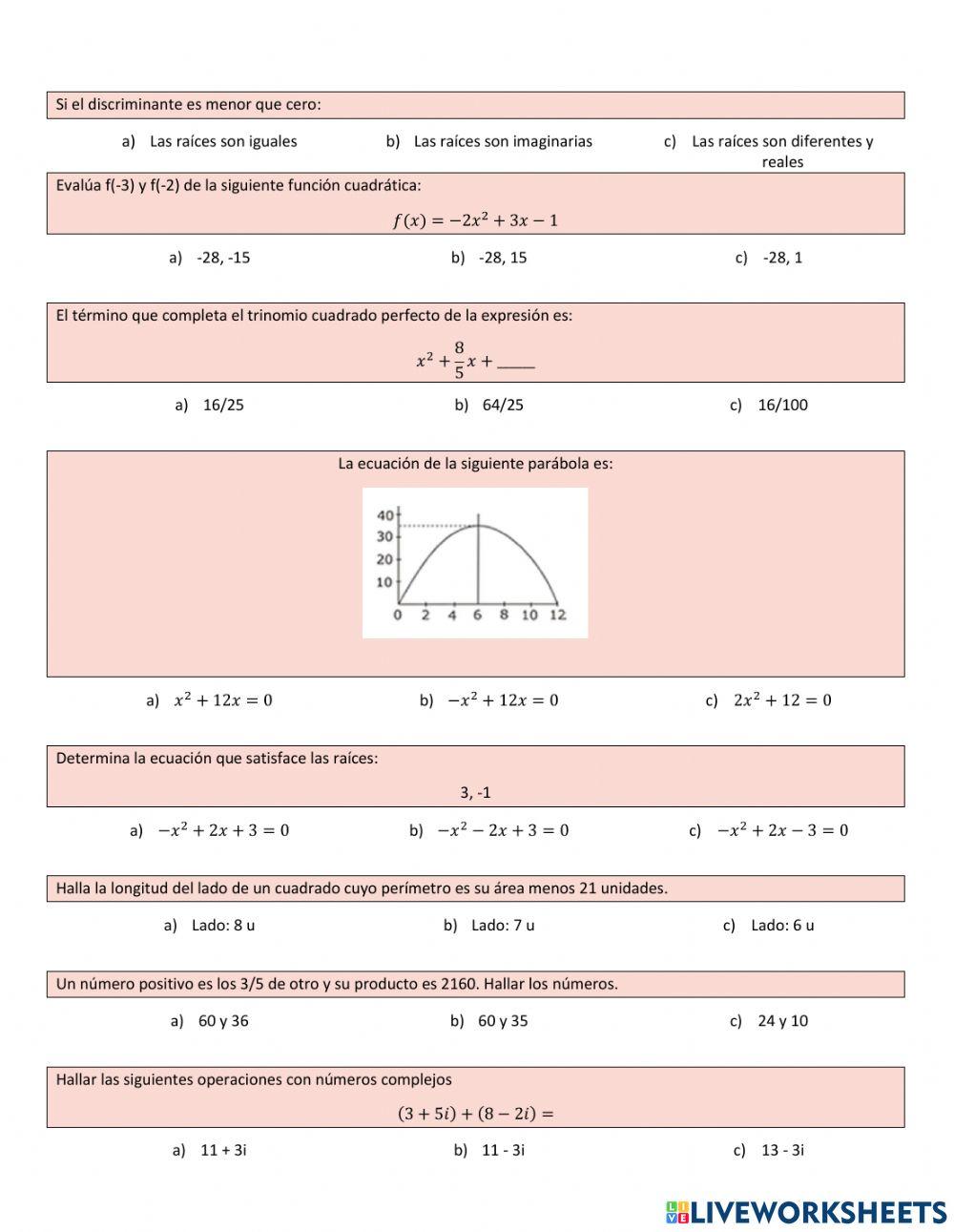 Repaso Ecuaciones cuadráticas e Imaginarios