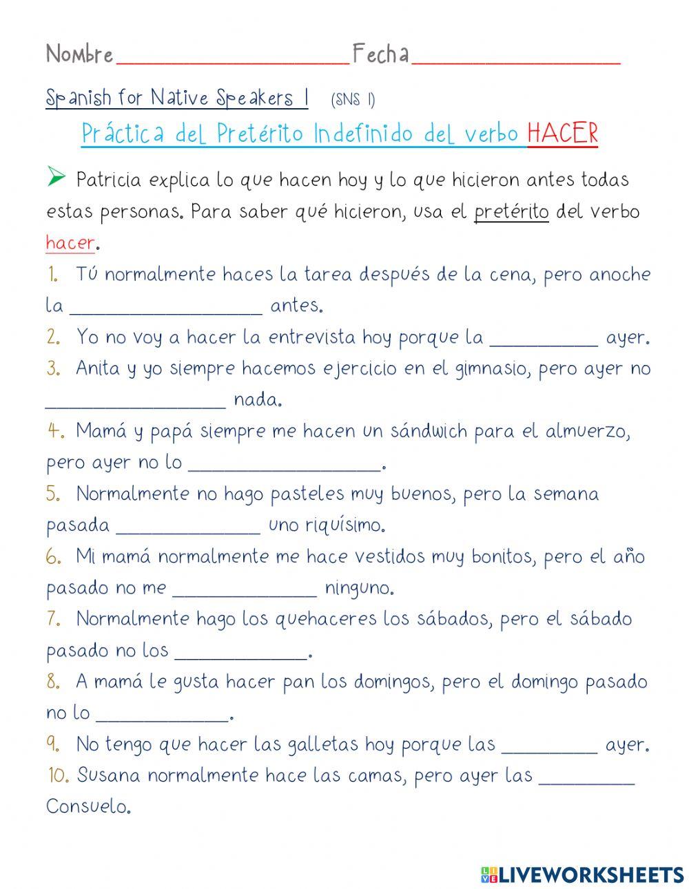 Pretérito Indefinido del verbo Hacer