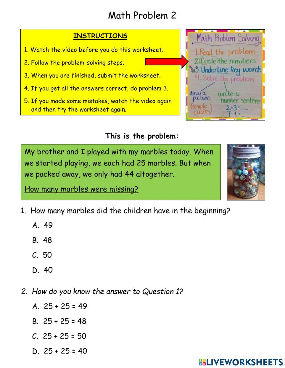 Problem Solving exercise for 2 | Live Worksheets