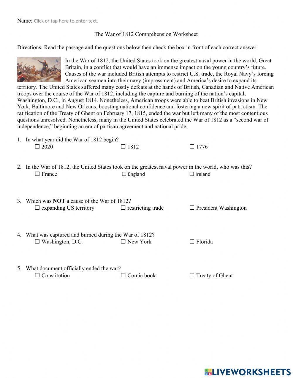 War of 1812 Comprehension Worksheet text only