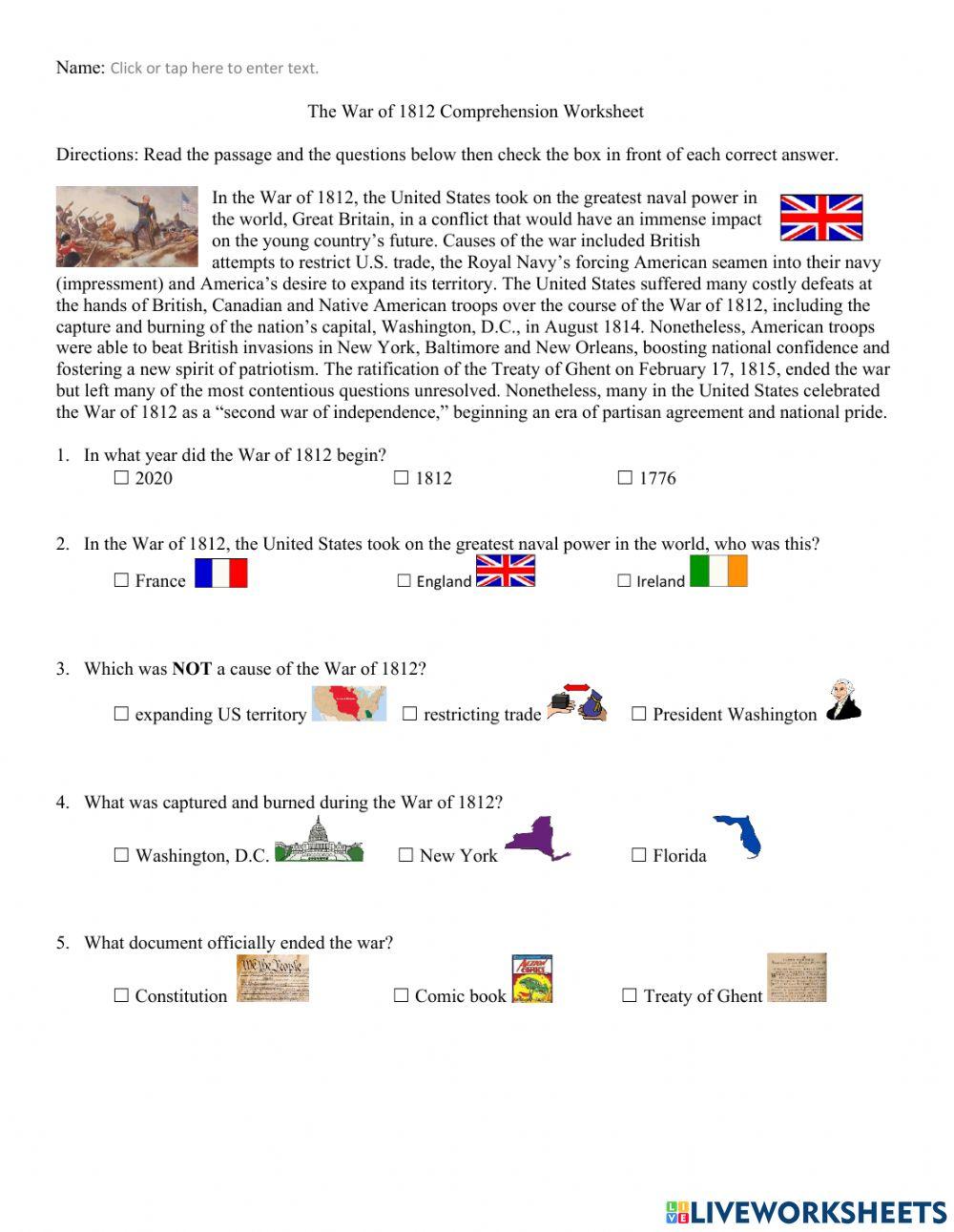 War of 1812 Comprehension Worksheet w visual support