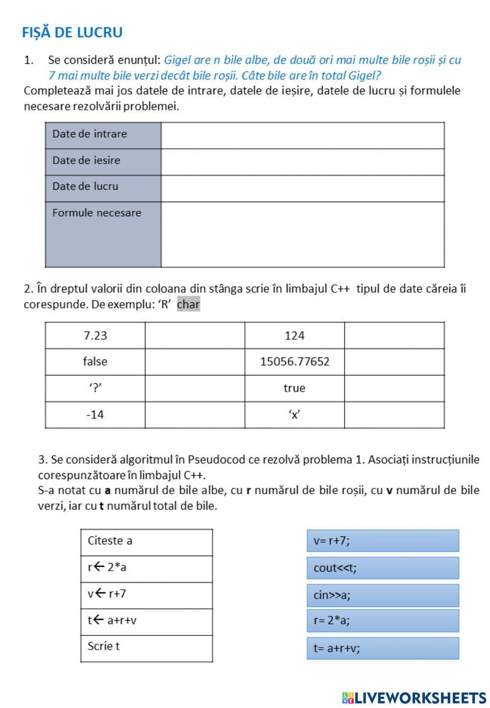 Recapitulare algoritmi tipuri date C++