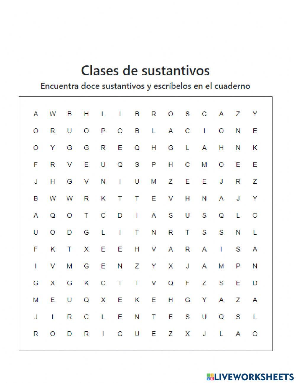 Sopa de letras de los sustantivos