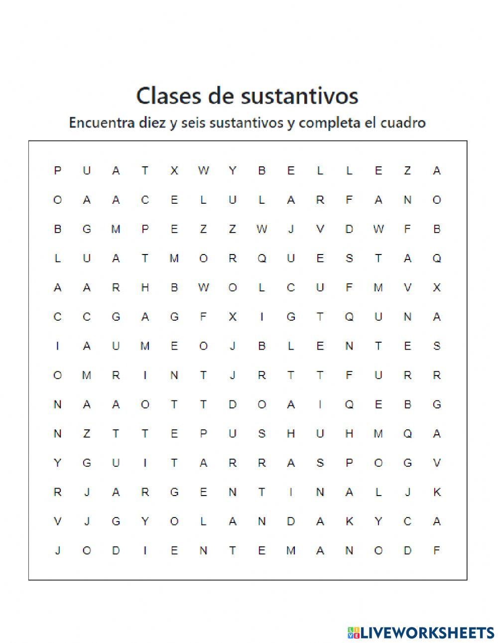 Sopa de letras de los sustantivos