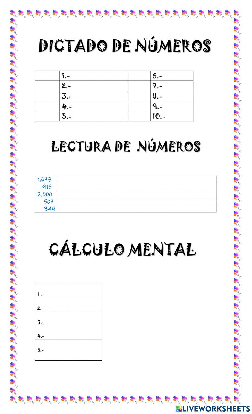 Dictado de núemros y cálculo mental