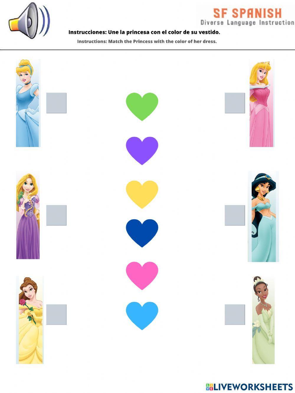 Une a la princesa con el color de vestido correcto