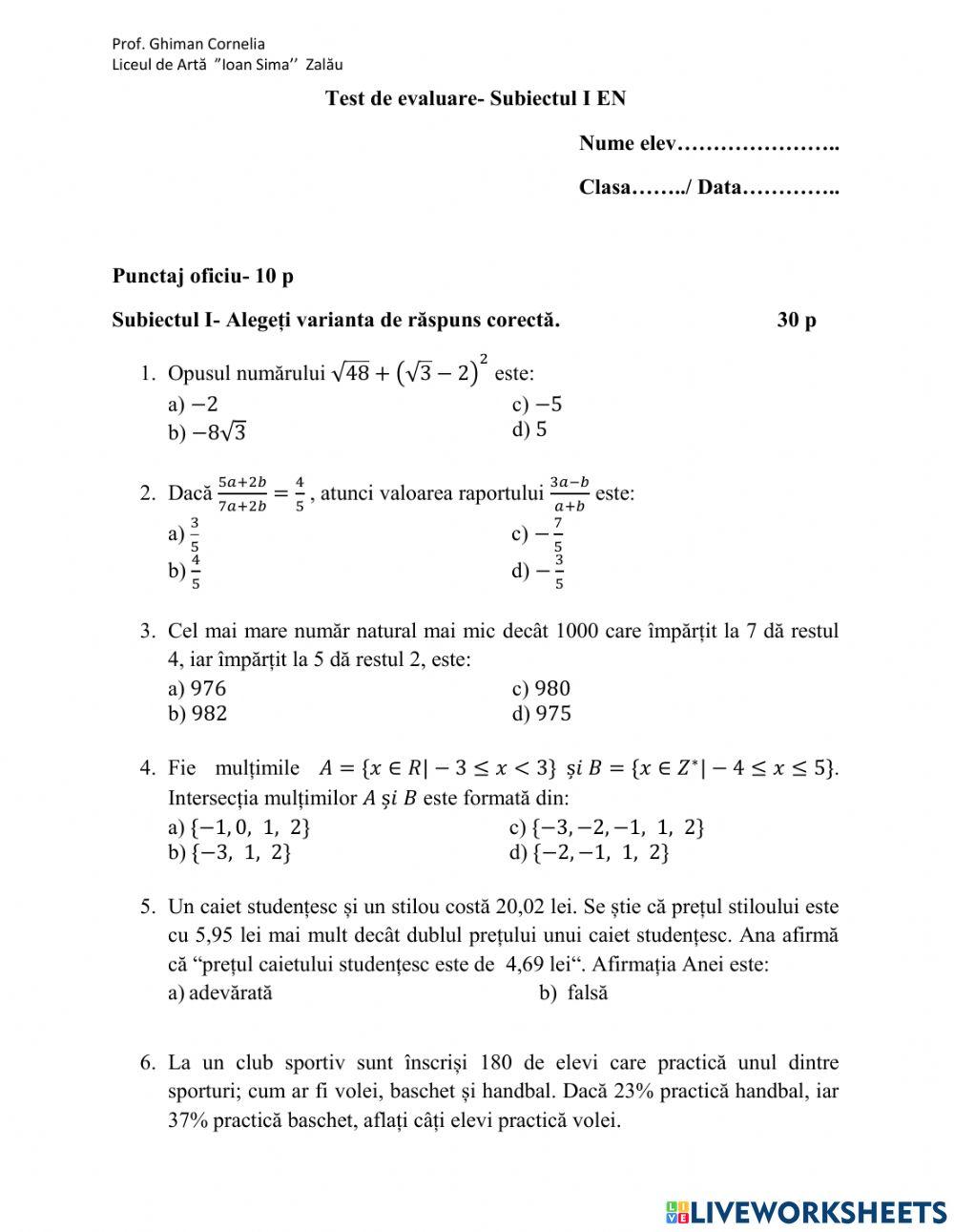 Test de evaluare- Subiectul I Evaluare Nationala 2021