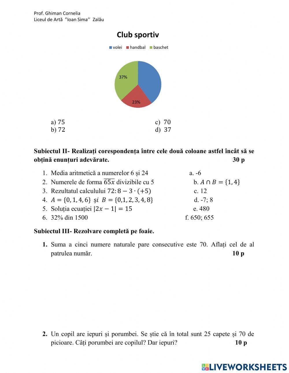 Test de evaluare- Subiectul I Evaluare Nationala 2021