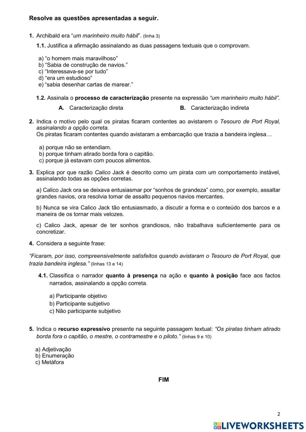 Ficha de avaliação formativa - Educação literária