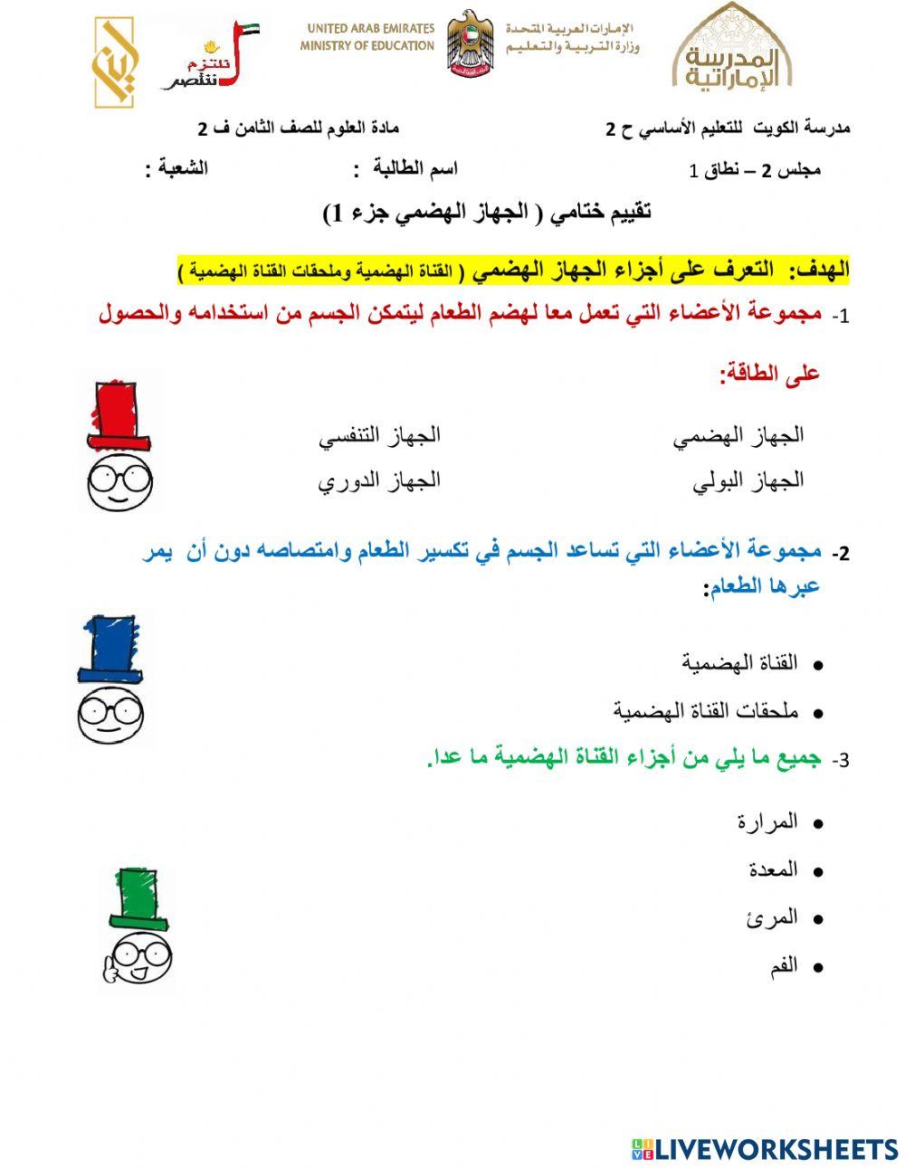بطاقة خروج الجهاز الهضمي  الجزء1