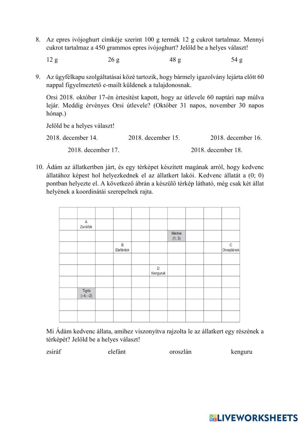 Matematika kompetenciamérés 2019-1-A