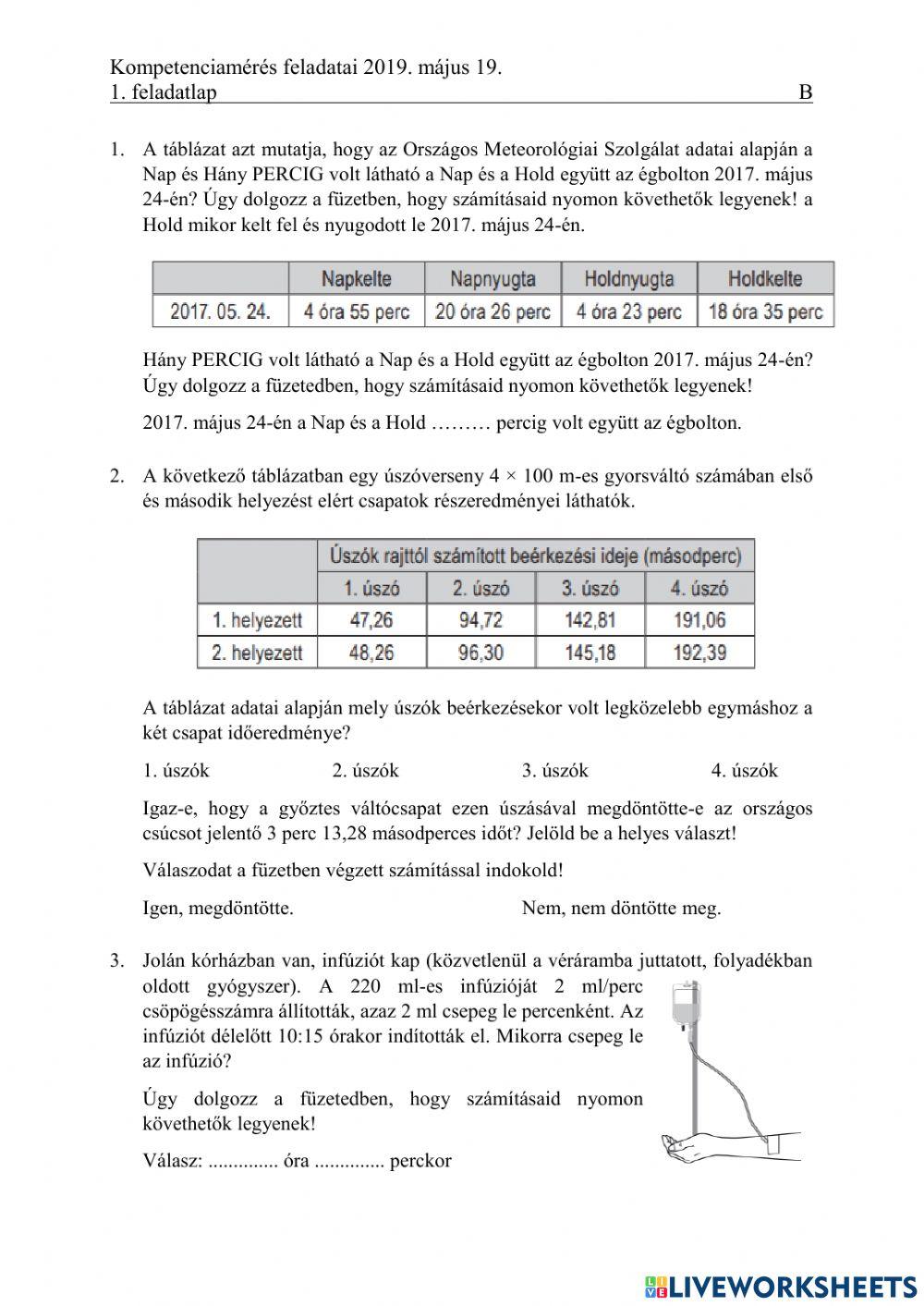 Matematika kompetenciamérés 2019-1-B