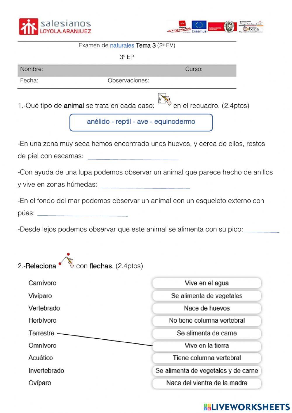 Examen Natu Clasificación Animales