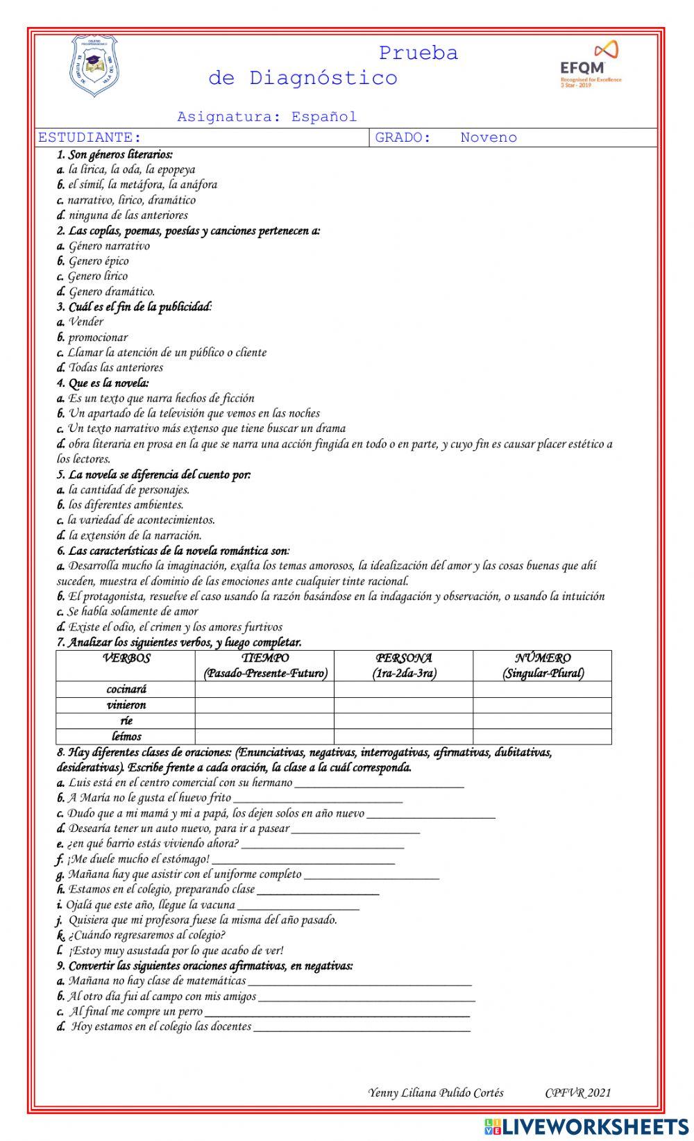 Ficha de diagnostico grado noveno