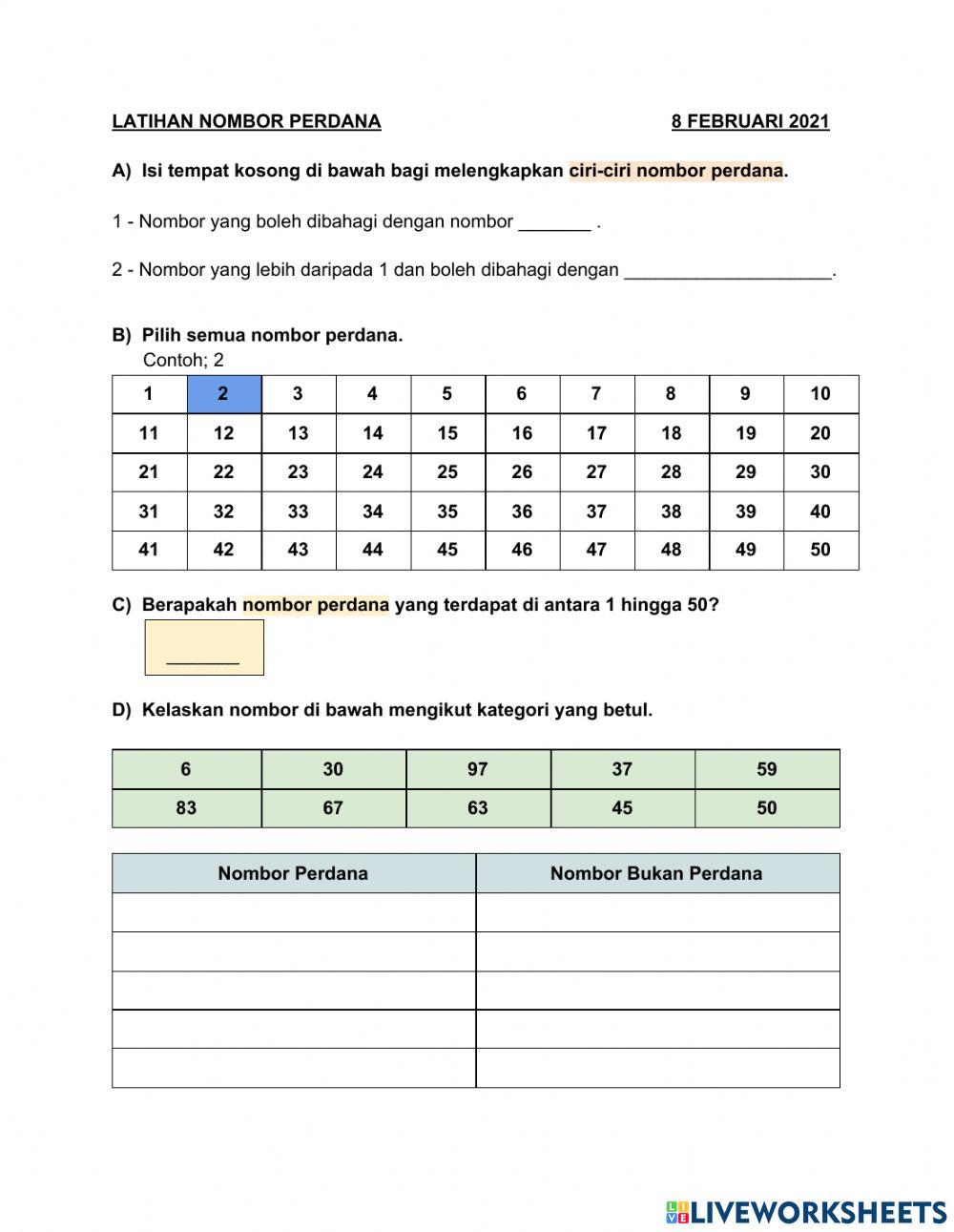 Latihan Nombor Perdana Tahun 5