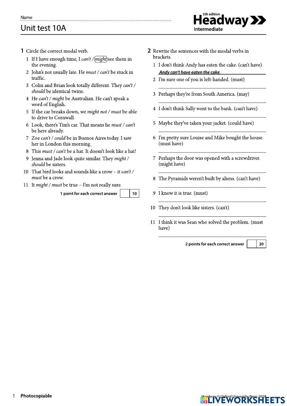 Headway Intermediate Unit 10 test