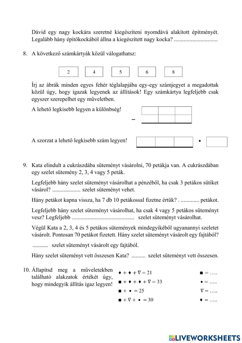 Matematika felvételi 4. évfolyamosoknak 2021-1