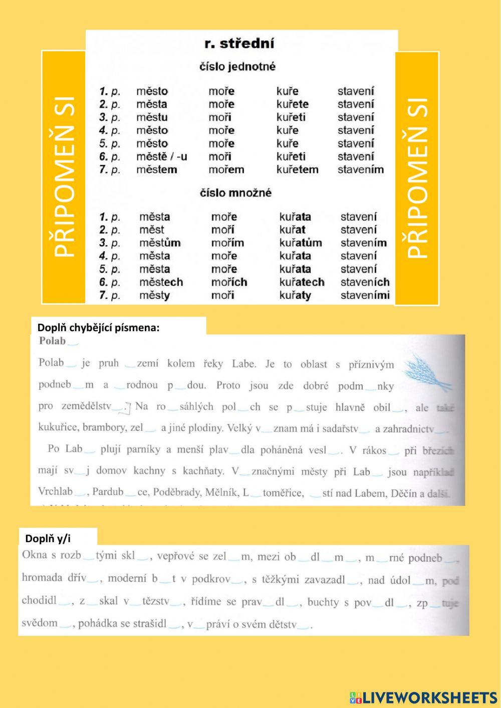 Koncovky podstatných jmen rodu středního - cvičení