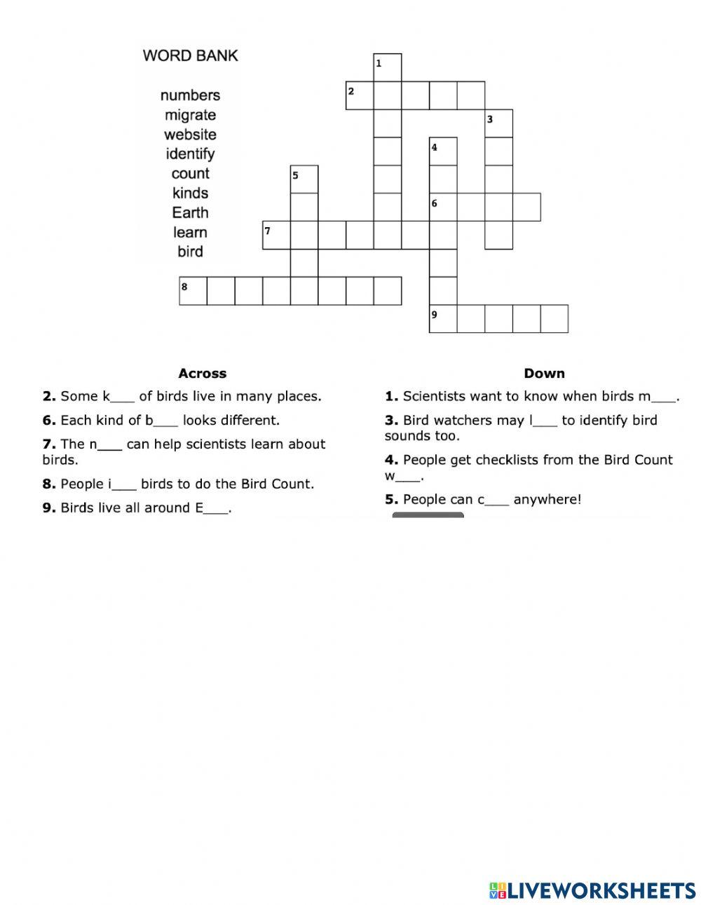 Great Backyard Bird Count Crossword Puzzle worksheet Live Worksheets