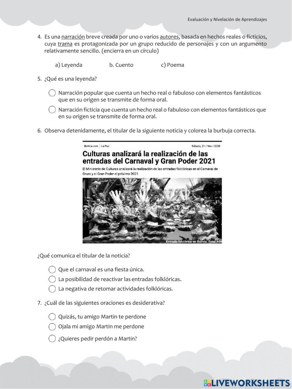 Evaluacion Lenguaje 5to grado