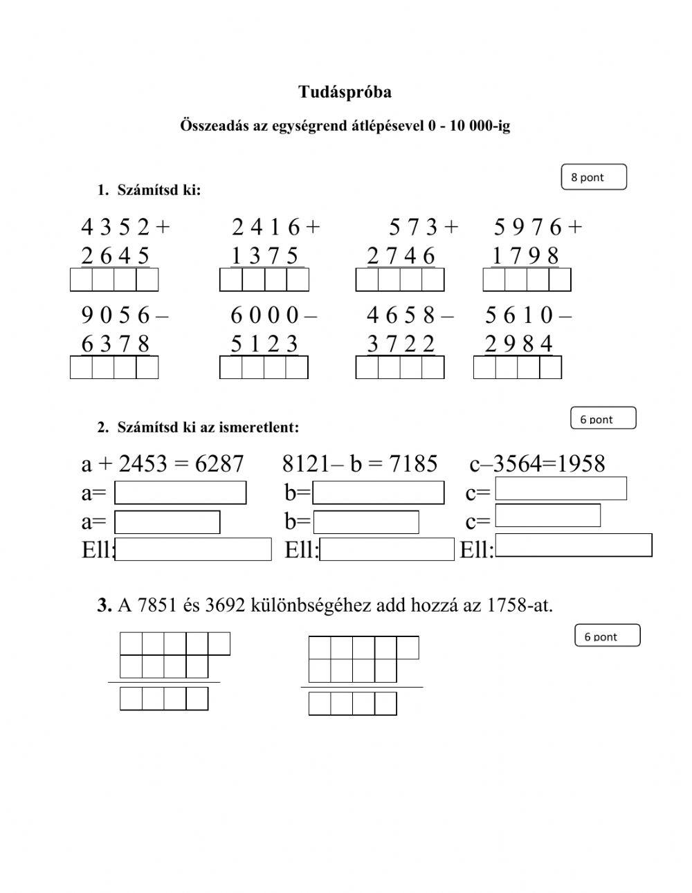 Matematika felmérő 10000-ig altépéssel