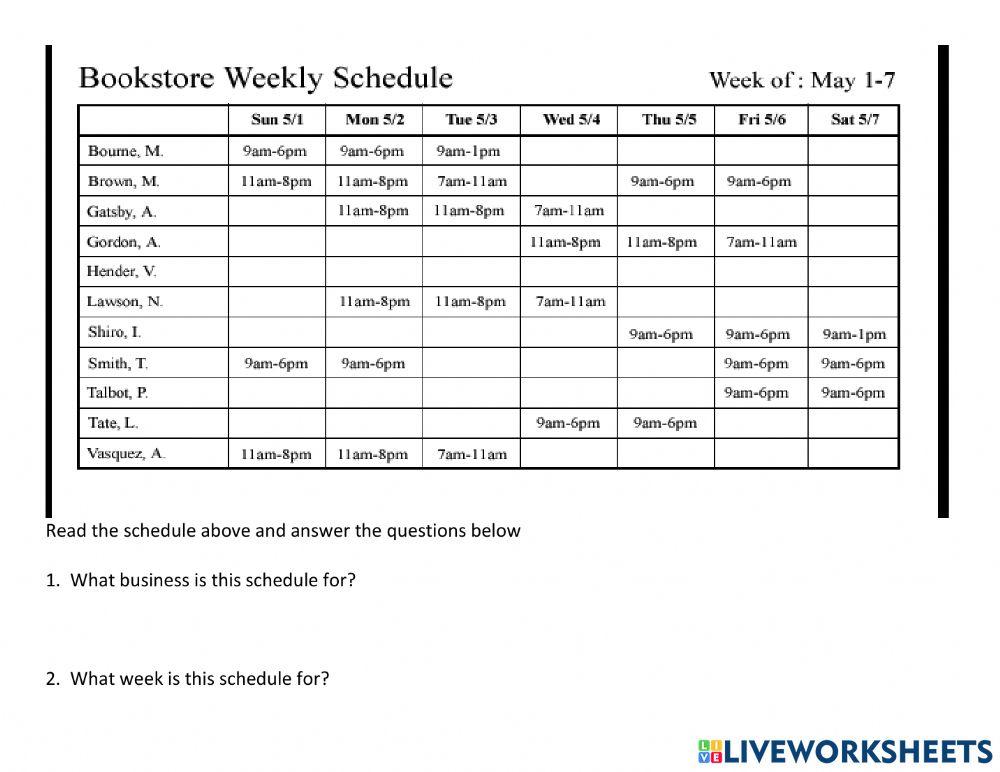 Bookstore Weekly Schedule