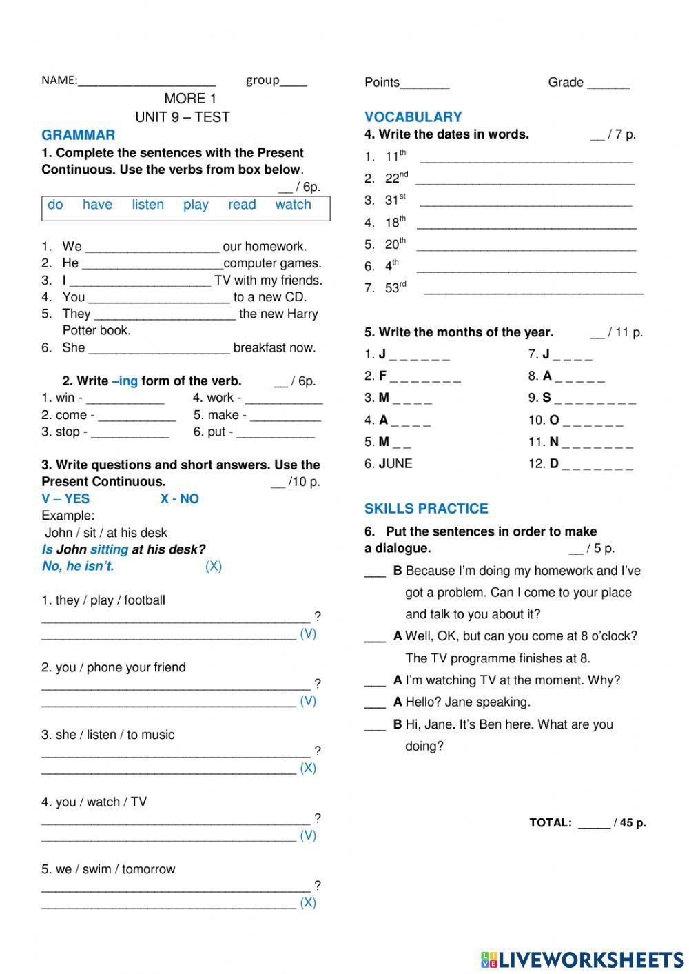 More 1 - UNIT 9 TEST