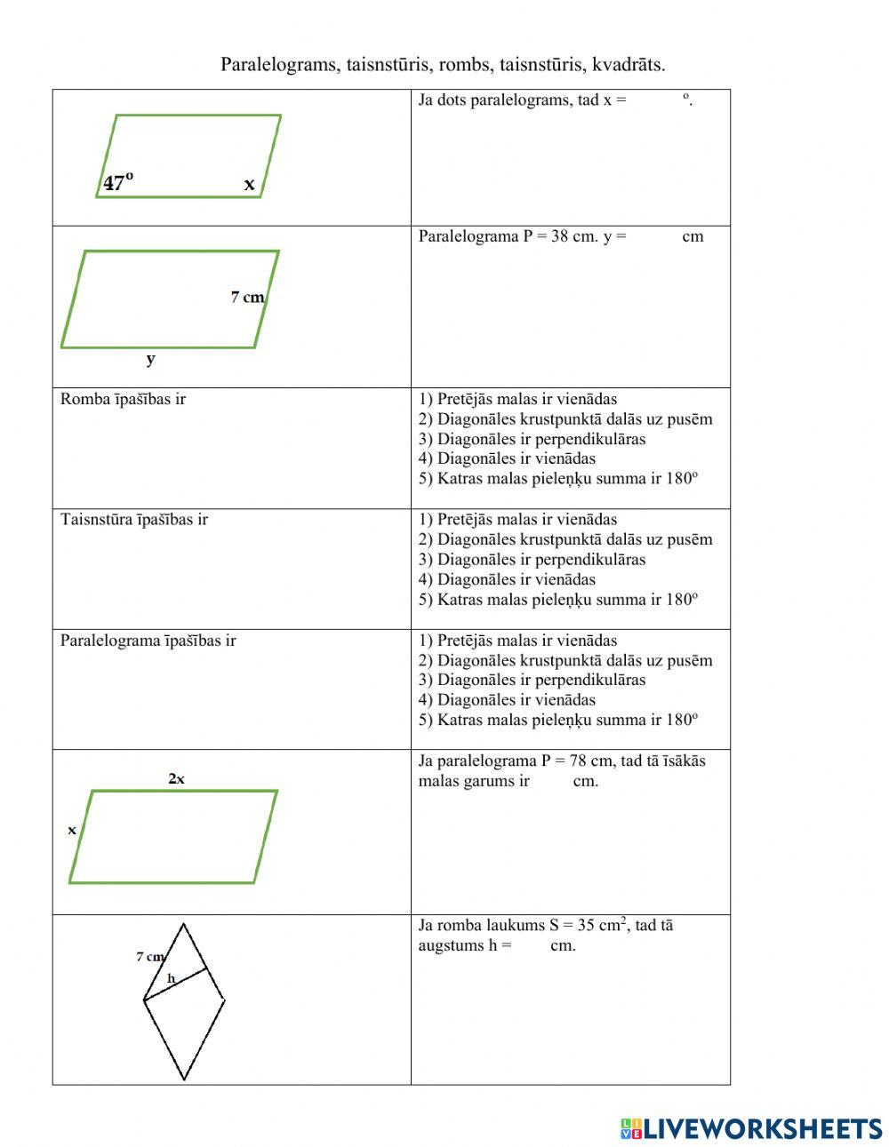 Paralelograms, taisnstūris, rombs.