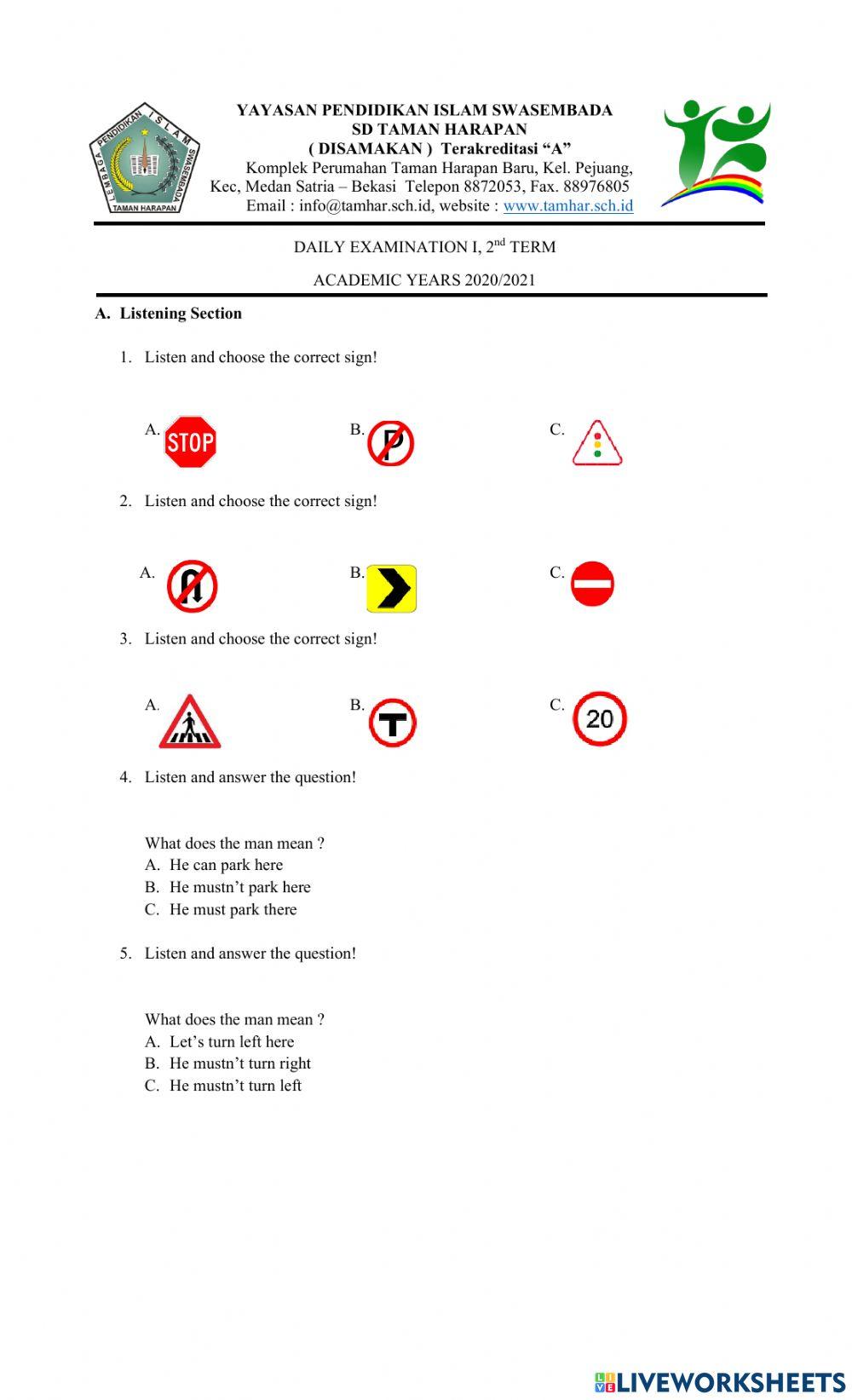Listening 1st Assessment test English Grade 4
