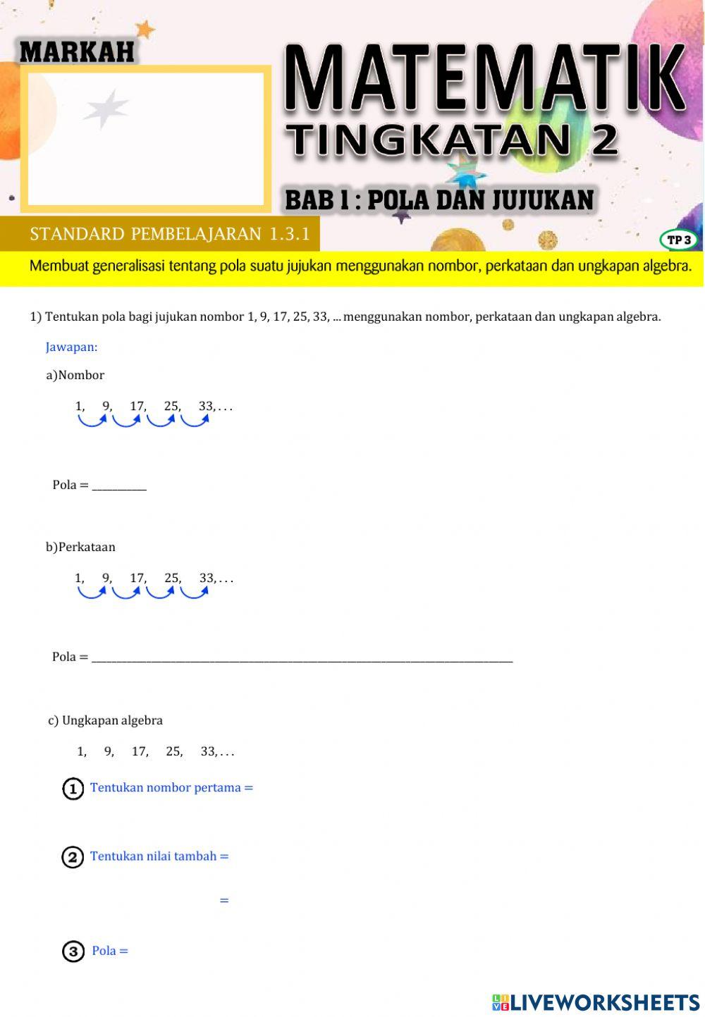 Matematik Tingkatan 2:Membuat generalisasi tentang pola suatu jujukan Matematik Tingkatan 2:Membuat generalisasi tentang pola suatu jujukan