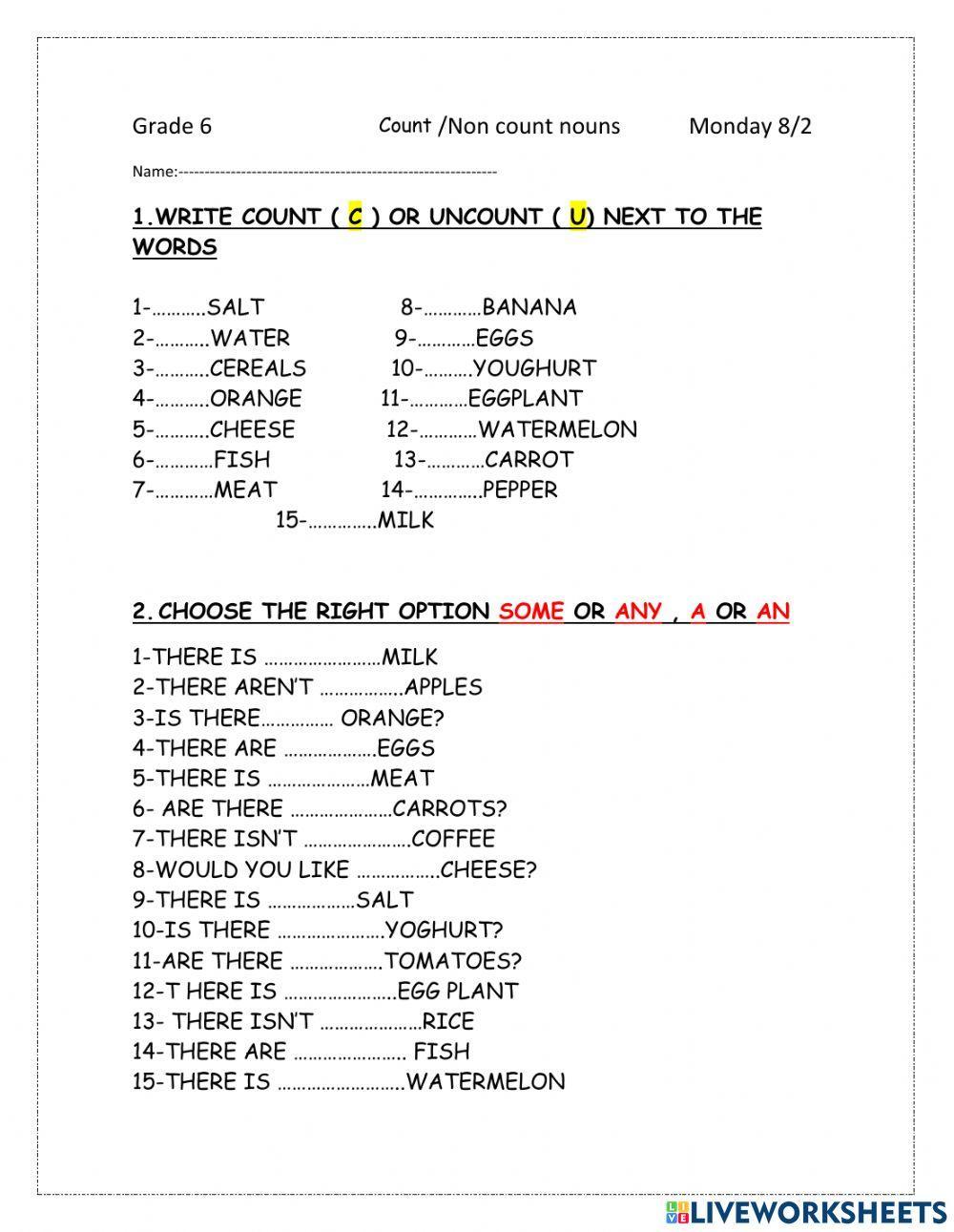 Count-Non count nouns  assignment