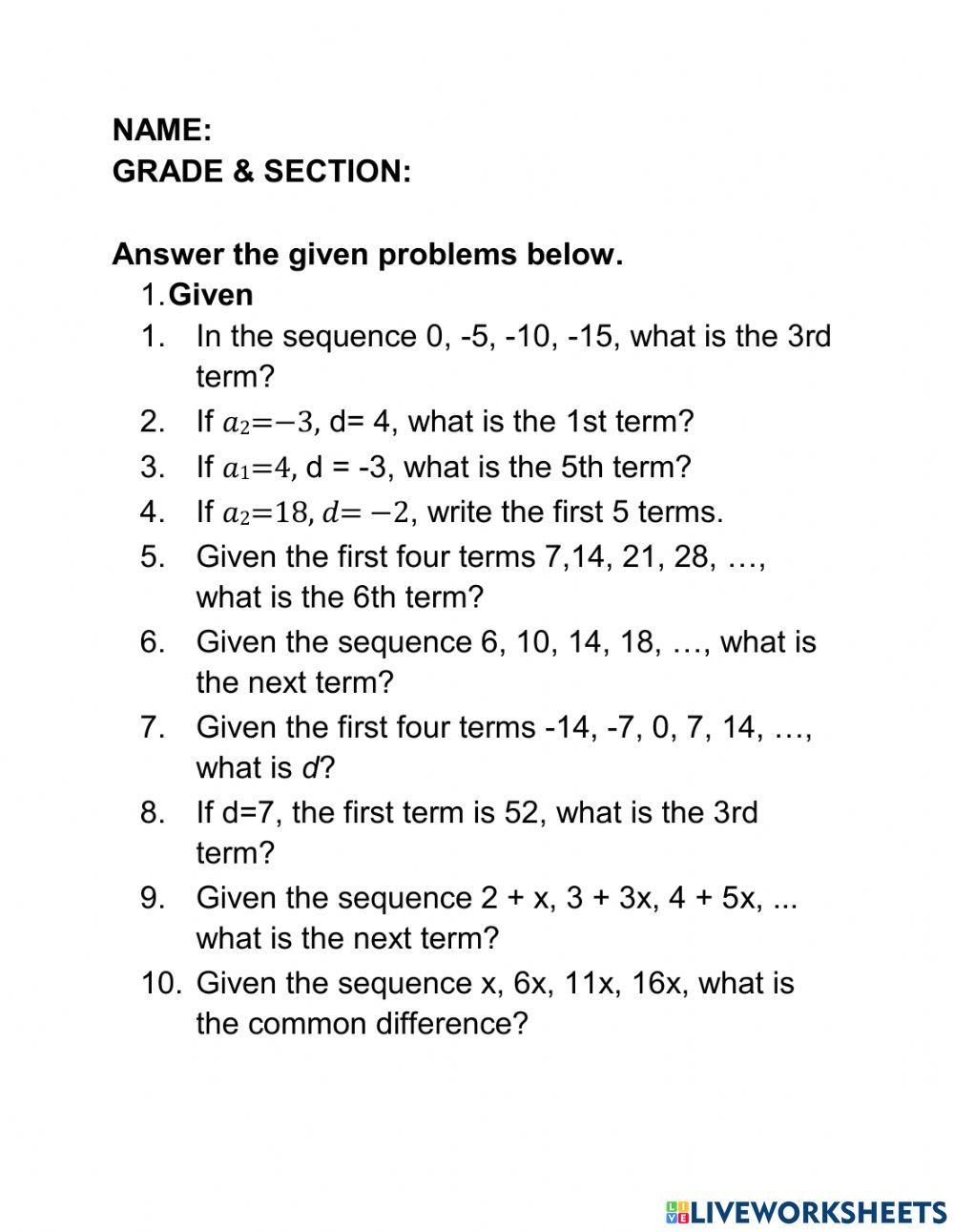 Arithmetic sequence assignment online exercise for live worksheets