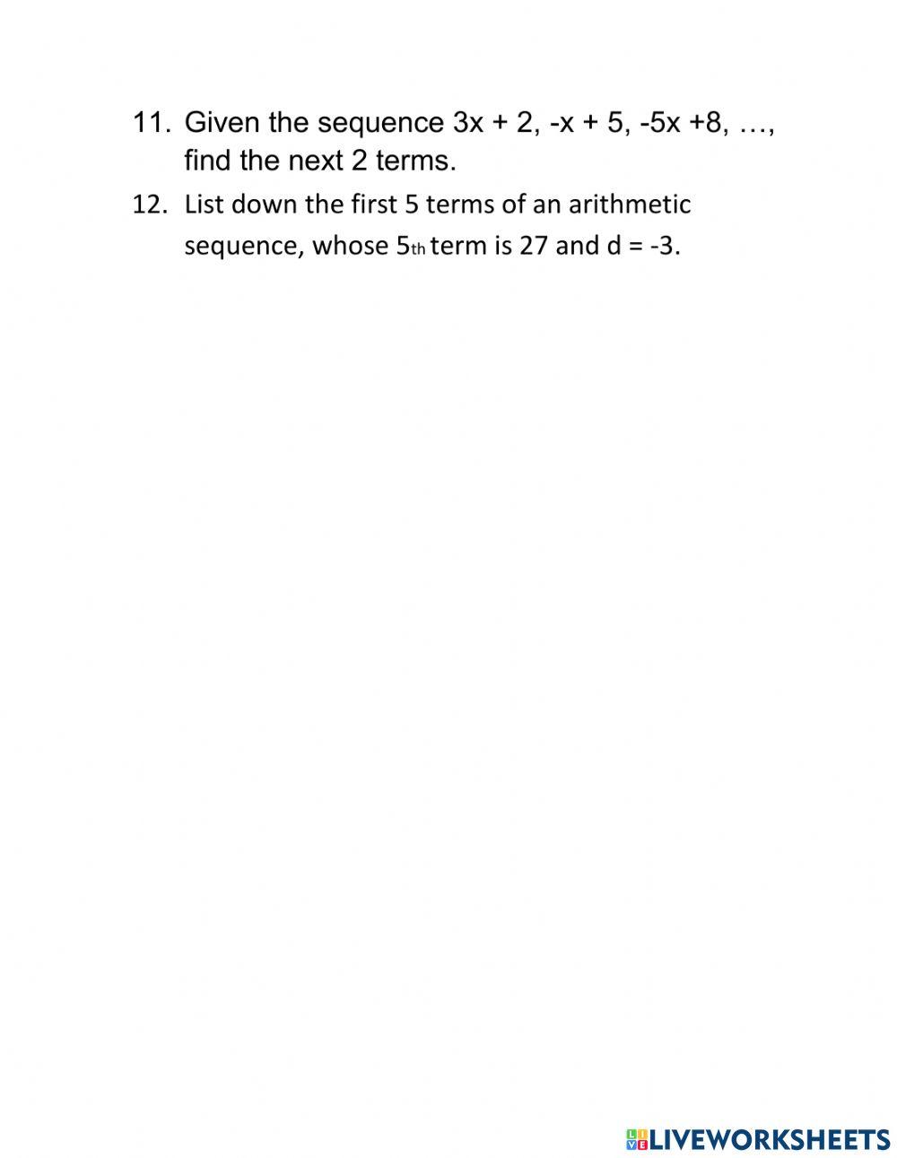 ARITHMETIC SEQUENCE ASSIGNMENT online exercise for Live Worksheets