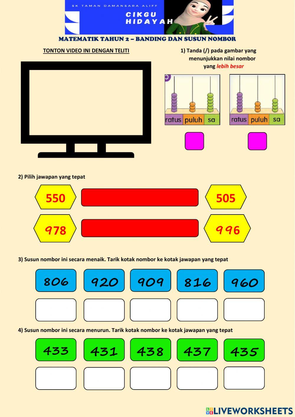 Matematik tahun 2 - banding dan susun nombor