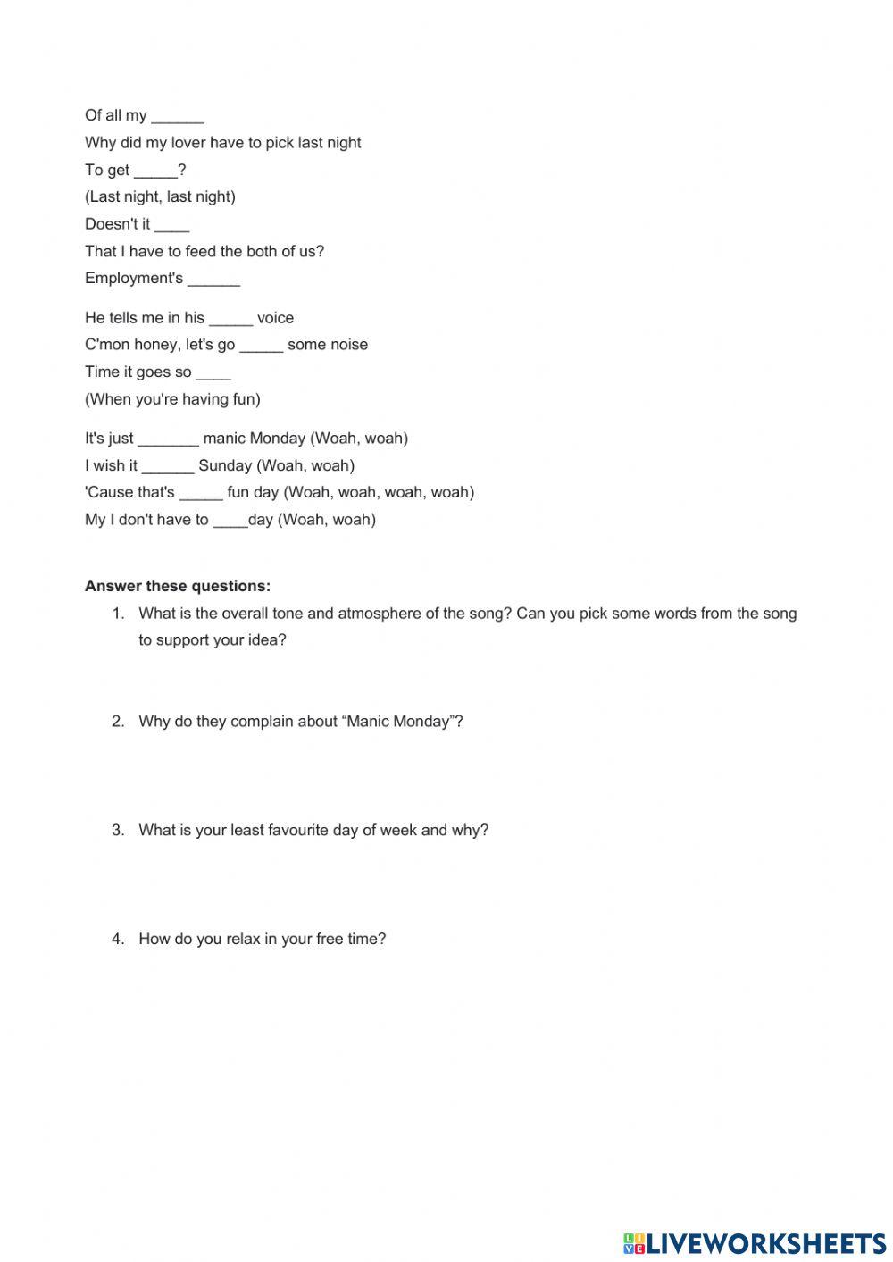 Manic Monday - Filling the gap lyrics