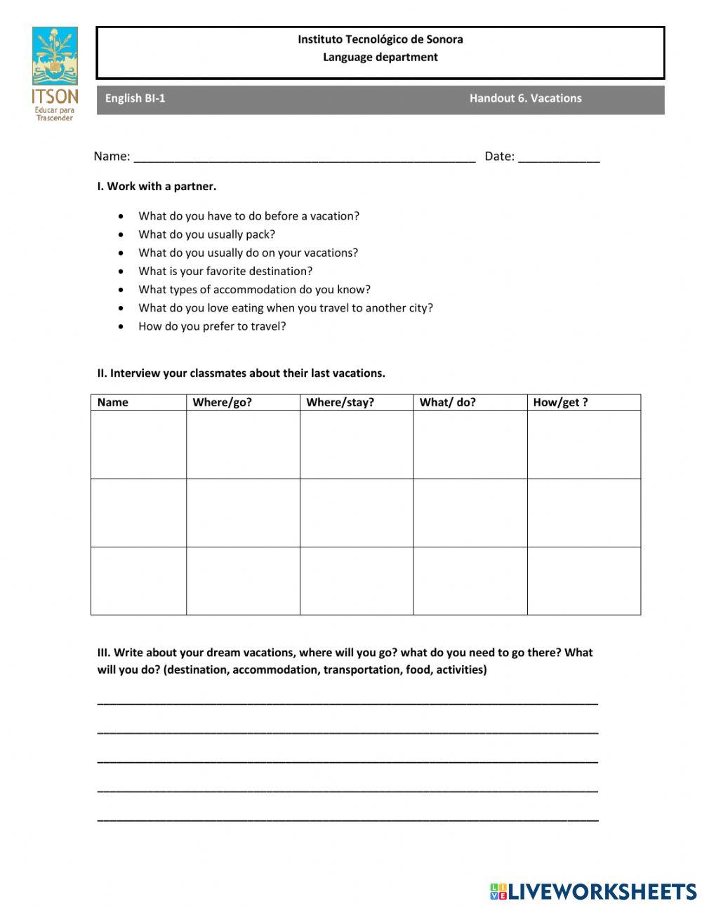 Handout 6. Vacations