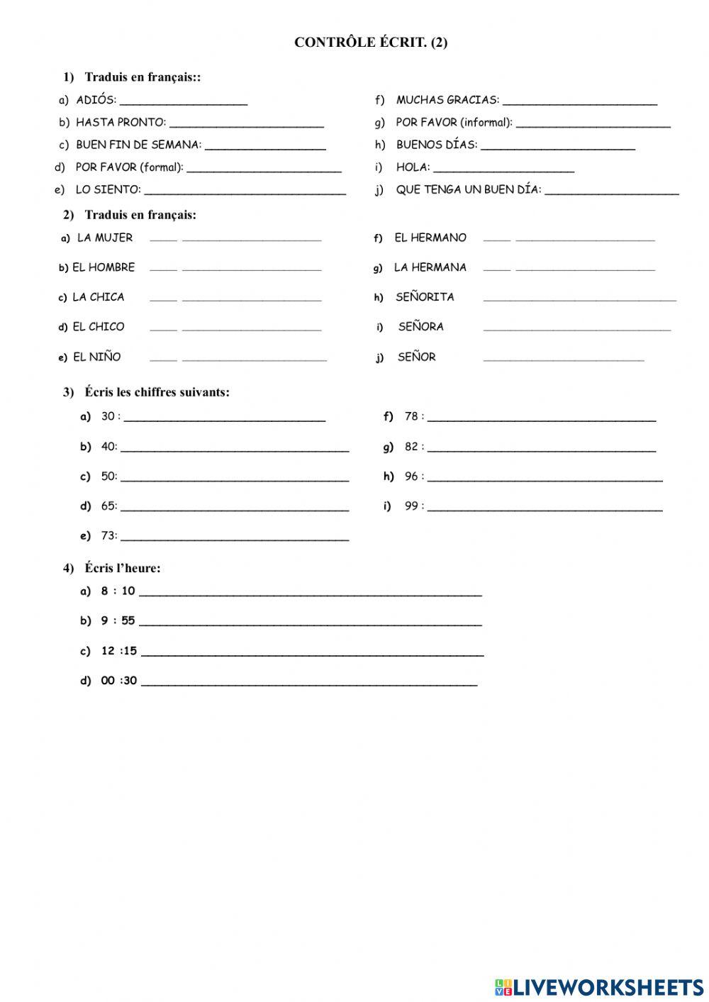 Control escrito vocabulario (saludos, números, la hora)