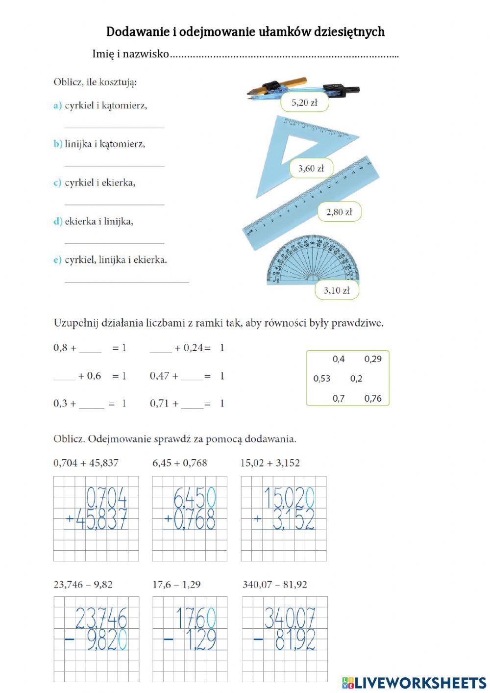 Dodawanie i odejmowanie ułamków dziesiętnych
